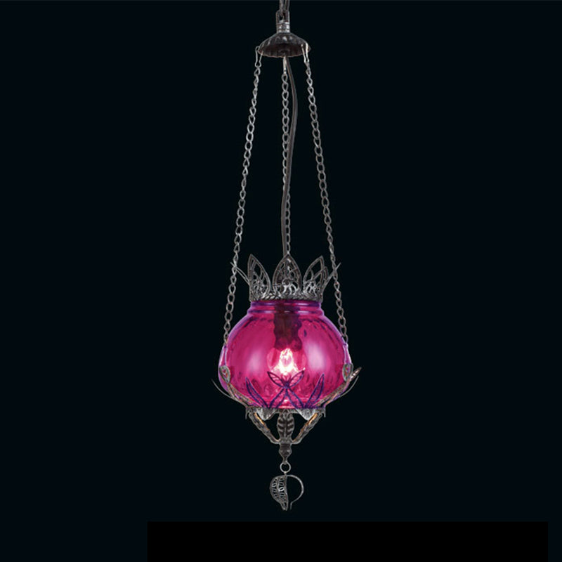 1 Light Coffee Shop Ceiling Suspension Lamp Moroccan Aged Silver Pendant Light Fixture with Bubble Red/Yellow/Blue Glass Shade Purple Clearhalo 'Ceiling Lights' 'Close To Ceiling Lights' 'Glass shade' 'Glass' 'Pendant Lights' 'Pendants' Lighting' 297495
