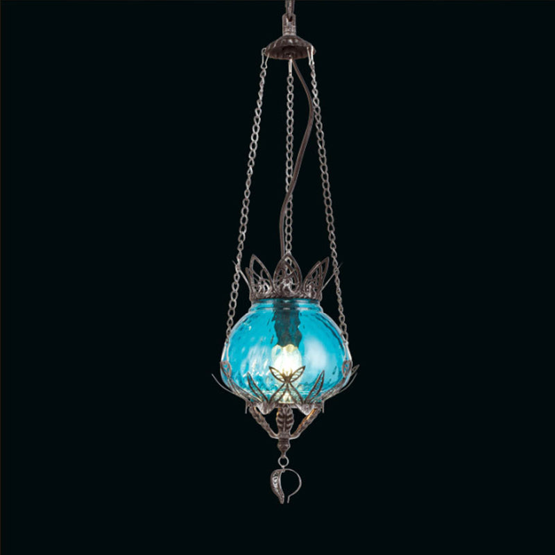 1 Light Coffee Shop Ceiling Suspension Lamp Moroccan Aged Silver Pendant Light Fixture with Bubble Red/Yellow/Blue Glass Shade Blue Clearhalo 'Ceiling Lights' 'Close To Ceiling Lights' 'Glass shade' 'Glass' 'Pendant Lights' 'Pendants' Lighting' 297496