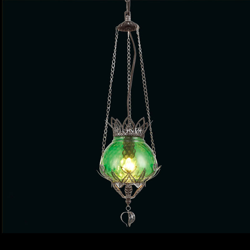 1 Light Coffee Shop Ceiling Suspension Lamp Moroccan Aged Silver Pendant Light Fixture with Bubble Red/Yellow/Blue Glass Shade Green Clearhalo 'Ceiling Lights' 'Close To Ceiling Lights' 'Glass shade' 'Glass' 'Pendant Lights' 'Pendants' Lighting' 297497