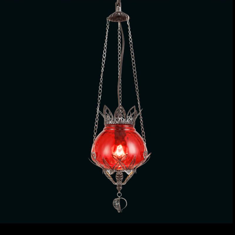 1 Light Coffee Shop Ceiling Suspension Lamp Moroccan Aged Silver Pendant Light Fixture with Bubble Red/Yellow/Blue Glass Shade Red Clearhalo 'Ceiling Lights' 'Close To Ceiling Lights' 'Glass shade' 'Glass' 'Pendant Lights' 'Pendants' Lighting' 297498