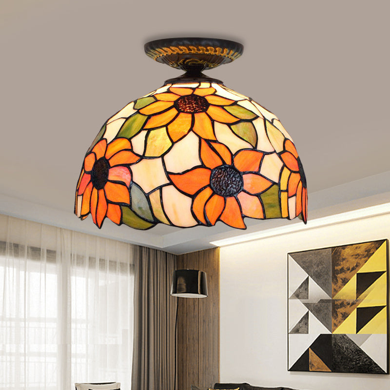 12"/16" W 1 Light Sunflower Ceiling Lamp Tiffany Brass Stained Glass Flush Mount Lighting Brass 12" Clearhalo 'Ceiling Lights' 'Close To Ceiling Lights' 'Close to ceiling' 'Flush mount' Lighting' 297499