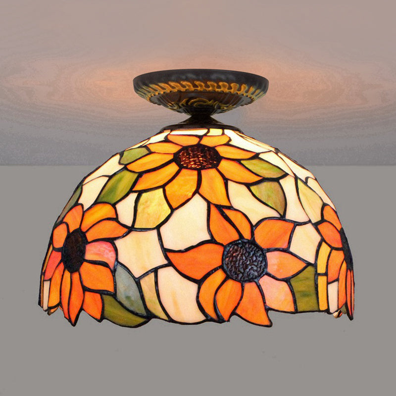 12"/16" W 1 Light Sunflower Ceiling Lamp Tiffany Brass Stained Glass Flush Mount Lighting Clearhalo 'Ceiling Lights' 'Close To Ceiling Lights' 'Close to ceiling' 'Flush mount' Lighting' 297500