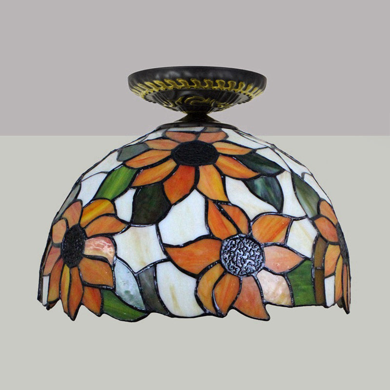 12"/16" W 1 Light Sunflower Ceiling Lamp Tiffany Brass Stained Glass Flush Mount Lighting Clearhalo 'Ceiling Lights' 'Close To Ceiling Lights' 'Close to ceiling' 'Flush mount' Lighting' 297501