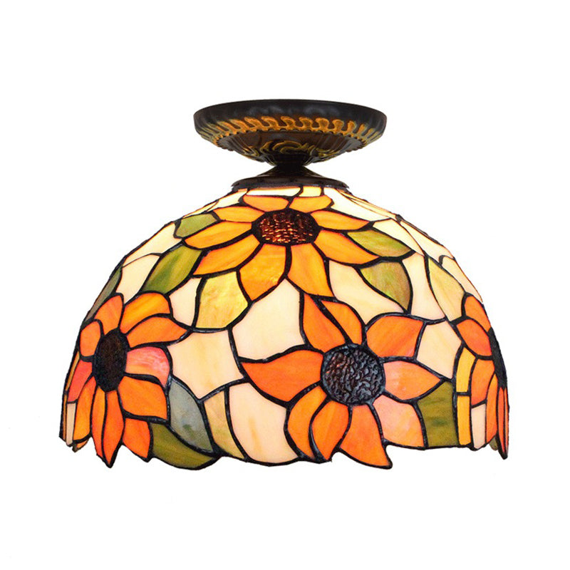 12"/16" W 1 Light Sunflower Ceiling Lamp Tiffany Brass Stained Glass Flush Mount Lighting Clearhalo 'Ceiling Lights' 'Close To Ceiling Lights' 'Close to ceiling' 'Flush mount' Lighting' 297502