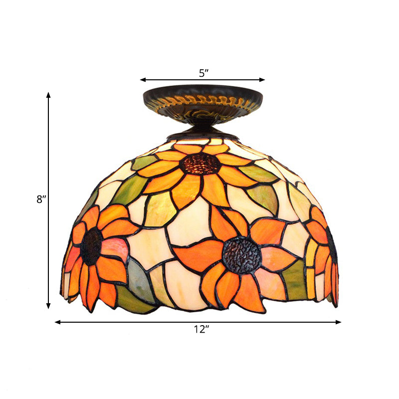 12"/16" W 1 Light Sunflower Ceiling Lamp Tiffany Brass Stained Glass Flush Mount Lighting Clearhalo 'Ceiling Lights' 'Close To Ceiling Lights' 'Close to ceiling' 'Flush mount' Lighting' 297503