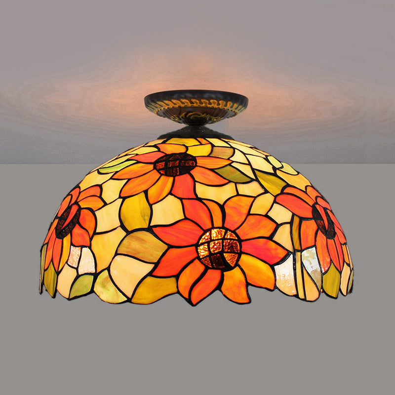 12"/16" W 1 Light Sunflower Ceiling Lamp Tiffany Brass Stained Glass Flush Mount Lighting Brass 16" Clearhalo 'Ceiling Lights' 'Close To Ceiling Lights' 'Close to ceiling' 'Flush mount' Lighting' 297504