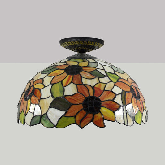 12"/16" W 1 Light Sunflower Ceiling Lamp Tiffany Brass Stained Glass Flush Mount Lighting Clearhalo 'Ceiling Lights' 'Close To Ceiling Lights' 'Close to ceiling' 'Flush mount' Lighting' 297505