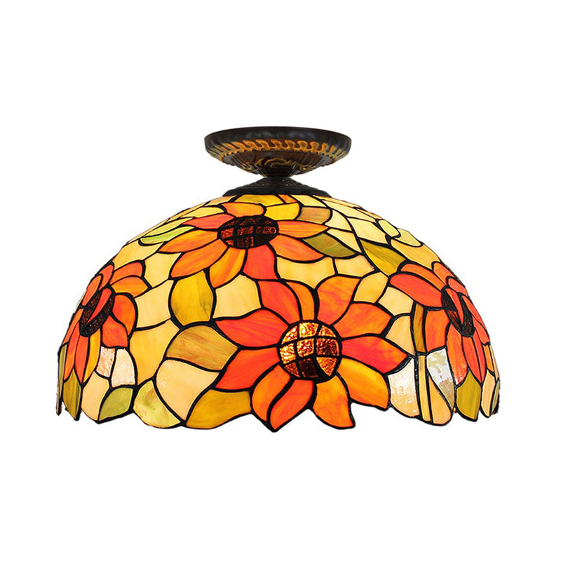 12"/16" W 1 Light Sunflower Ceiling Lamp Tiffany Brass Stained Glass Flush Mount Lighting Clearhalo 'Ceiling Lights' 'Close To Ceiling Lights' 'Close to ceiling' 'Flush mount' Lighting' 297506