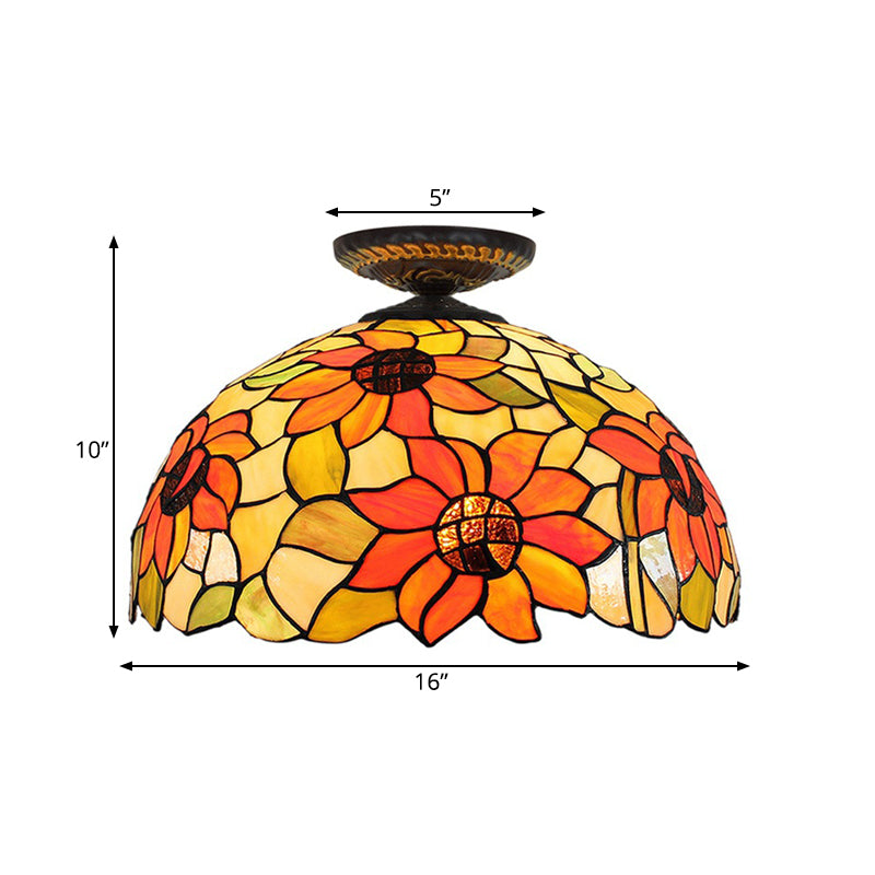 12"/16" W 1 Light Sunflower Ceiling Lamp Tiffany Brass Stained Glass Flush Mount Lighting Clearhalo 'Ceiling Lights' 'Close To Ceiling Lights' 'Close to ceiling' 'Flush mount' Lighting' 297507