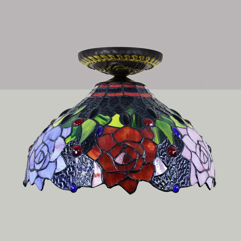 Rose Metal Ceiling Flush Mount Tiffany 12"/16" W 1 Head Brass Flush Mount Light Fixture Clearhalo 'Ceiling Lights' 'Close To Ceiling Lights' 'Close to ceiling' 'Flush mount' Lighting' 297510