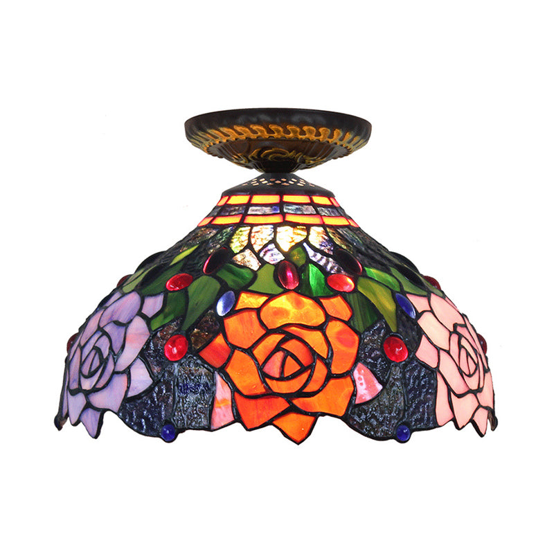 Rose Metal Ceiling Flush Mount Tiffany 12"/16" W 1 Head Brass Flush Mount Light Fixture Clearhalo 'Ceiling Lights' 'Close To Ceiling Lights' 'Close to ceiling' 'Flush mount' Lighting' 297511