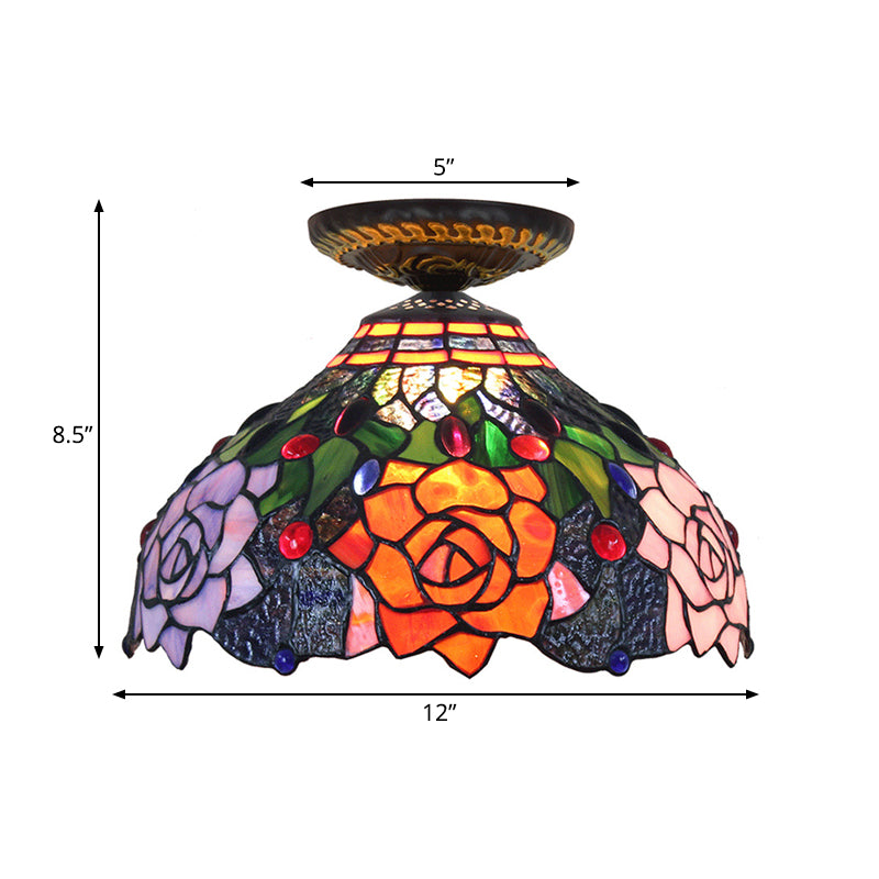 Rose Metal Ceiling Flush Mount Tiffany 12"/16" W 1 Head Brass Flush Mount Light Fixture Clearhalo 'Ceiling Lights' 'Close To Ceiling Lights' 'Close to ceiling' 'Flush mount' Lighting' 297512