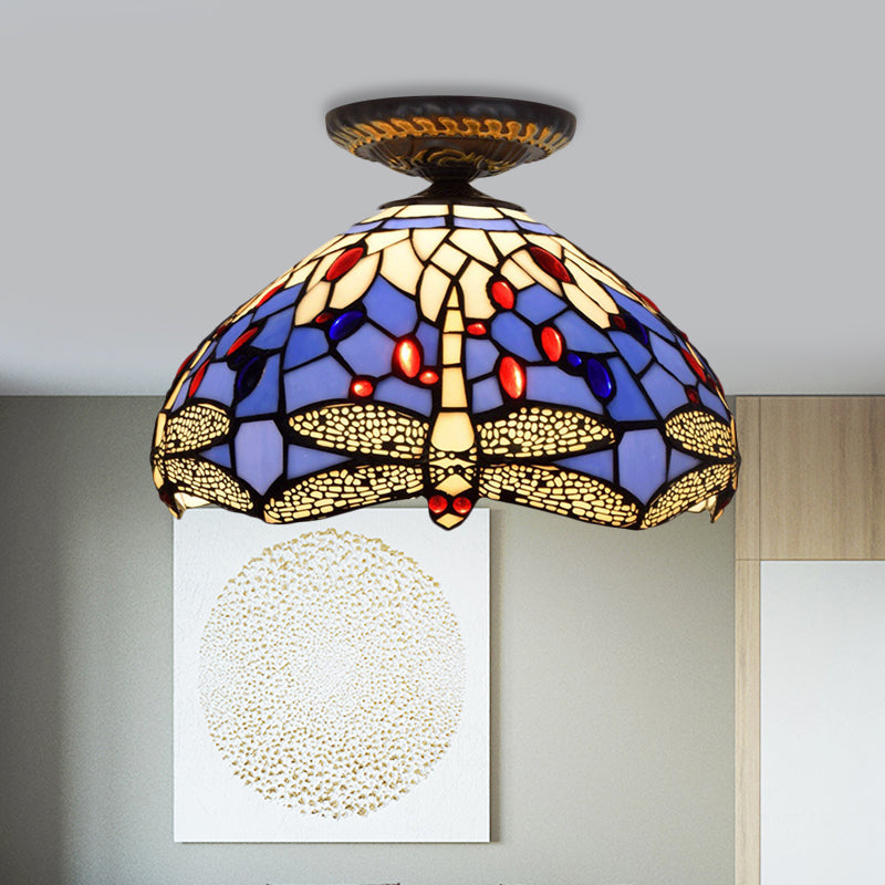 Tiffany Dragonfly Flush Mount Lamp 1 Bulb Stained Glass Close to Ceiling Lighting Fixture in Brass Brass A Clearhalo 'Ceiling Lights' 'Close To Ceiling Lights' 'Close to ceiling' 'Flush mount' Lighting' 297527
