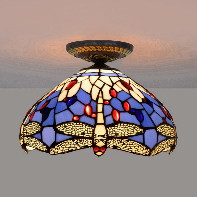 Tiffany Dragonfly Flush Mount Lamp 1 Bulb Stained Glass Close to Ceiling Lighting Fixture in Brass Clearhalo 'Ceiling Lights' 'Close To Ceiling Lights' 'Close to ceiling' 'Flush mount' Lighting' 297528