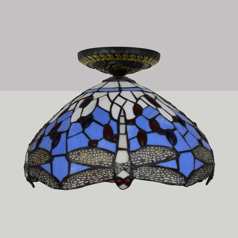 Tiffany Dragonfly Flush Mount Lamp 1 Bulb Stained Glass Close to Ceiling Lighting Fixture in Brass Clearhalo 'Ceiling Lights' 'Close To Ceiling Lights' 'Close to ceiling' 'Flush mount' Lighting' 297529