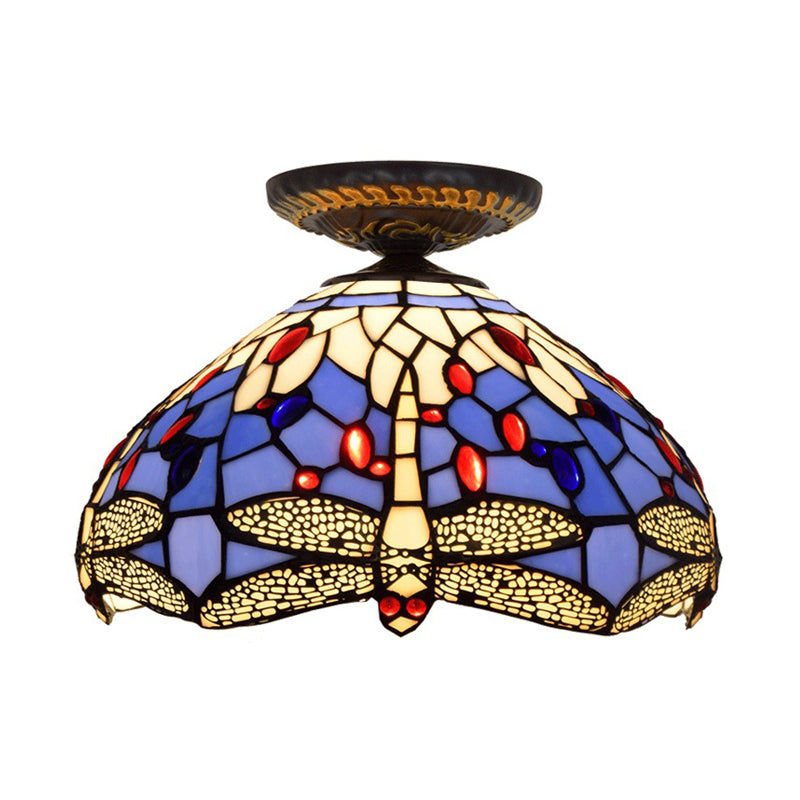 Tiffany Dragonfly Flush Mount Lamp 1 Bulb Stained Glass Close to Ceiling Lighting Fixture in Brass Clearhalo 'Ceiling Lights' 'Close To Ceiling Lights' 'Close to ceiling' 'Flush mount' Lighting' 297530