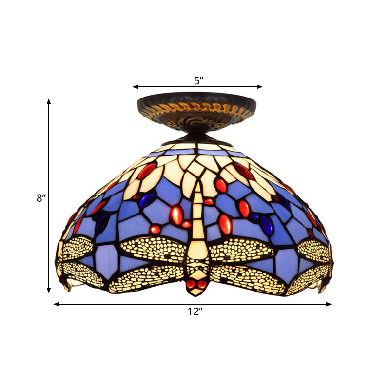 Tiffany Dragonfly Flush Mount Lamp 1 Bulb Stained Glass Close to Ceiling Lighting Fixture in Brass Clearhalo 'Ceiling Lights' 'Close To Ceiling Lights' 'Close to ceiling' 'Flush mount' Lighting' 297531