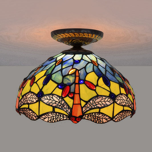 Tiffany Dragonfly Flush Mount Lamp 1 Bulb Stained Glass Close to Ceiling Lighting Fixture in Brass Brass B Clearhalo 'Ceiling Lights' 'Close To Ceiling Lights' 'Close to ceiling' 'Flush mount' Lighting' 297532