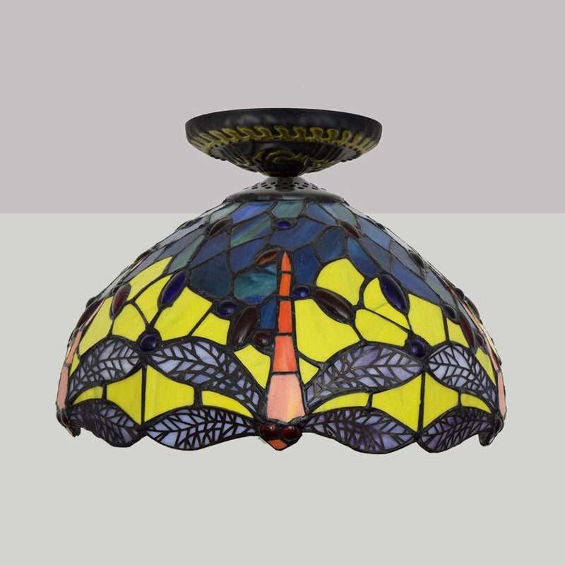 Tiffany Dragonfly Flush Mount Lamp 1 Bulb Stained Glass Close to Ceiling Lighting Fixture in Brass Clearhalo 'Ceiling Lights' 'Close To Ceiling Lights' 'Close to ceiling' 'Flush mount' Lighting' 297533