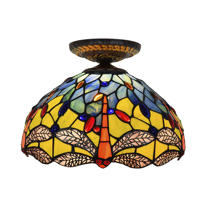 Tiffany Dragonfly Flush Mount Lamp 1 Bulb Stained Glass Close to Ceiling Lighting Fixture in Brass Clearhalo 'Ceiling Lights' 'Close To Ceiling Lights' 'Close to ceiling' 'Flush mount' Lighting' 297534