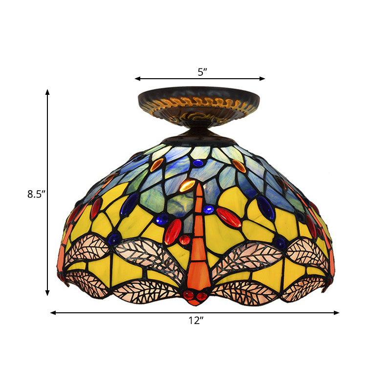 Tiffany Dragonfly Flush Mount Lamp 1 Bulb Stained Glass Close to Ceiling Lighting Fixture in Brass Clearhalo 'Ceiling Lights' 'Close To Ceiling Lights' 'Close to ceiling' 'Flush mount' Lighting' 297535