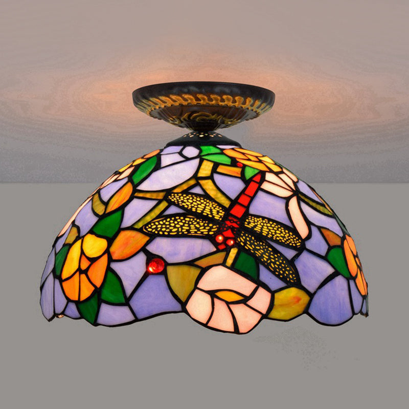 Tiffany Dragonfly Flush Mount Lamp 1 Bulb Stained Glass Close to Ceiling Lighting Fixture in Brass Brass C Clearhalo 'Ceiling Lights' 'Close To Ceiling Lights' 'Close to ceiling' 'Flush mount' Lighting' 297536