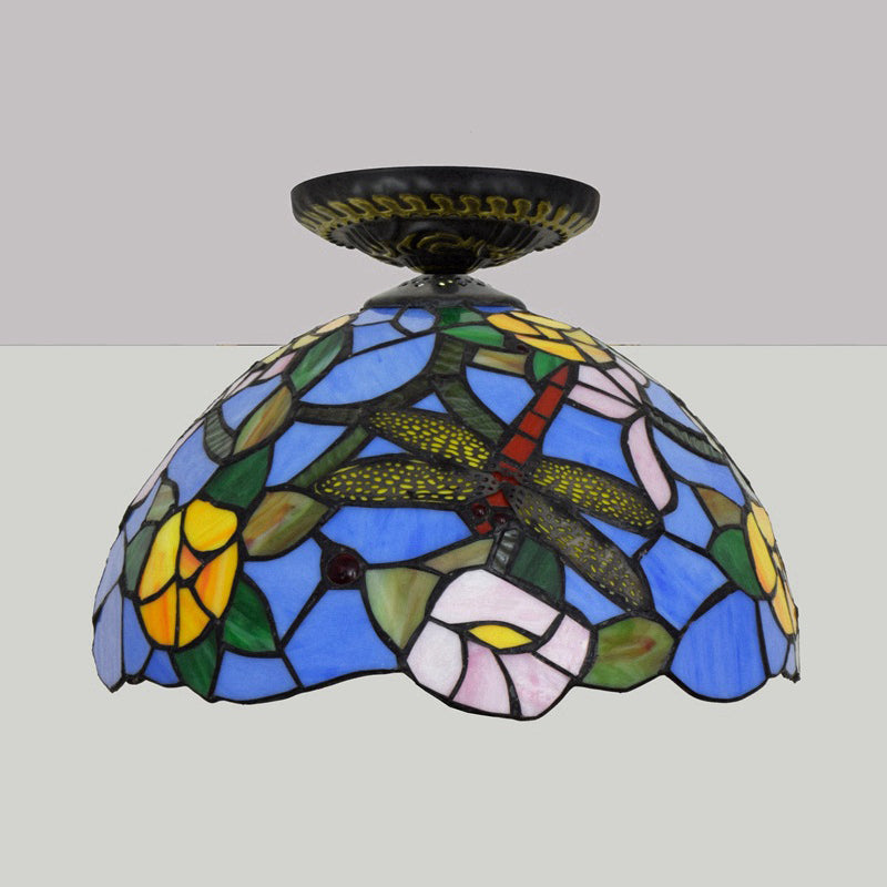Tiffany Dragonfly Flush Mount Lamp 1 Bulb Stained Glass Close to Ceiling Lighting Fixture in Brass Clearhalo 'Ceiling Lights' 'Close To Ceiling Lights' 'Close to ceiling' 'Flush mount' Lighting' 297537
