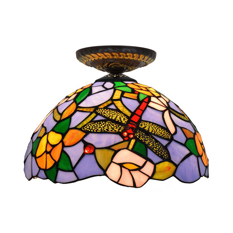 Tiffany Dragonfly Flush Mount Lamp 1 Bulb Stained Glass Close to Ceiling Lighting Fixture in Brass Clearhalo 'Ceiling Lights' 'Close To Ceiling Lights' 'Close to ceiling' 'Flush mount' Lighting' 297538