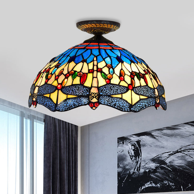 1 Head Porch Ceiling Mounted Fixture Tiffany White/Red Flush Mount Lamp with Dragonfly Stained Glass Shade Red Clearhalo 'Ceiling Lights' 'Close To Ceiling Lights' 'Close to ceiling' 'Flush mount' Lighting' 297540