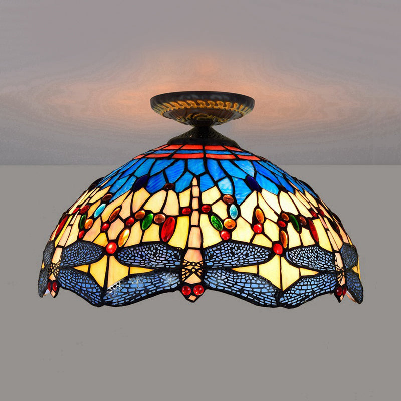 1 Head Porch Ceiling Mounted Fixture Tiffany White/Red Flush Mount Lamp with Dragonfly Stained Glass Shade Clearhalo 'Ceiling Lights' 'Close To Ceiling Lights' 'Close to ceiling' 'Flush mount' Lighting' 297541