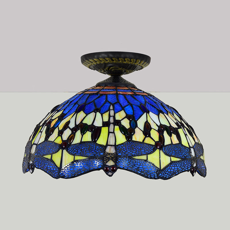 1 Head Porch Ceiling Mounted Fixture Tiffany White/Red Flush Mount Lamp with Dragonfly Stained Glass Shade Clearhalo 'Ceiling Lights' 'Close To Ceiling Lights' 'Close to ceiling' 'Flush mount' Lighting' 297542