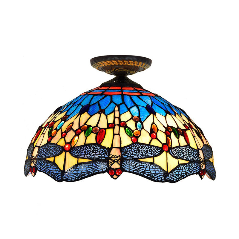 1 Head Porch Ceiling Mounted Fixture Tiffany White/Red Flush Mount Lamp with Dragonfly Stained Glass Shade Clearhalo 'Ceiling Lights' 'Close To Ceiling Lights' 'Close to ceiling' 'Flush mount' Lighting' 297543