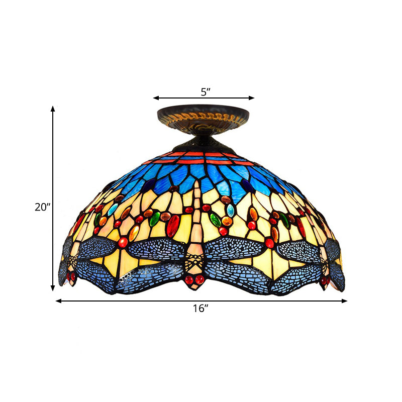 1 Head Porch Ceiling Mounted Fixture Tiffany White/Red Flush Mount Lamp with Dragonfly Stained Glass Shade Clearhalo 'Ceiling Lights' 'Close To Ceiling Lights' 'Close to ceiling' 'Flush mount' Lighting' 297544