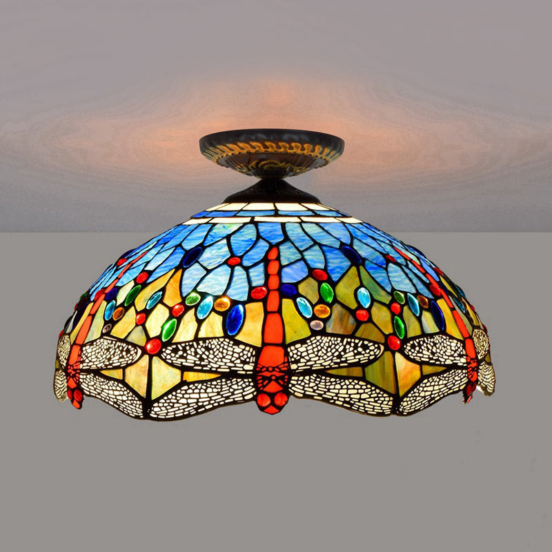 1 Head Porch Ceiling Mounted Fixture Tiffany White/Red Flush Mount Lamp with Dragonfly Stained Glass Shade White Clearhalo 'Ceiling Lights' 'Close To Ceiling Lights' 'Close to ceiling' 'Flush mount' Lighting' 297545