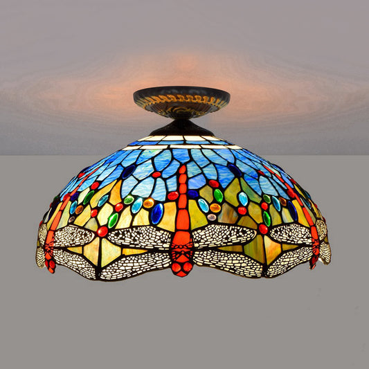 1 Head Porch Ceiling Mounted Fixture Tiffany White/Red Flush Mount Lamp with Dragonfly Stained Glass Shade White Clearhalo 'Ceiling Lights' 'Close To Ceiling Lights' 'Close to ceiling' 'Flush mount' Lighting' 297545