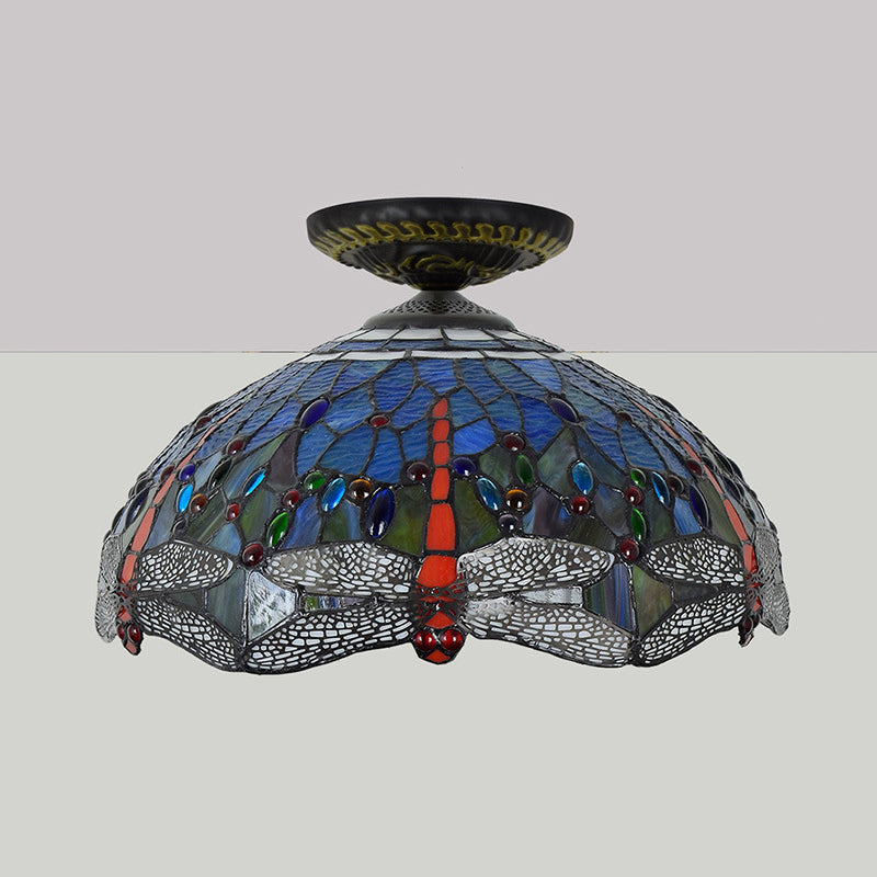 1 Head Porch Ceiling Mounted Fixture Tiffany White/Red Flush Mount Lamp with Dragonfly Stained Glass Shade Clearhalo 'Ceiling Lights' 'Close To Ceiling Lights' 'Close to ceiling' 'Flush mount' Lighting' 297546