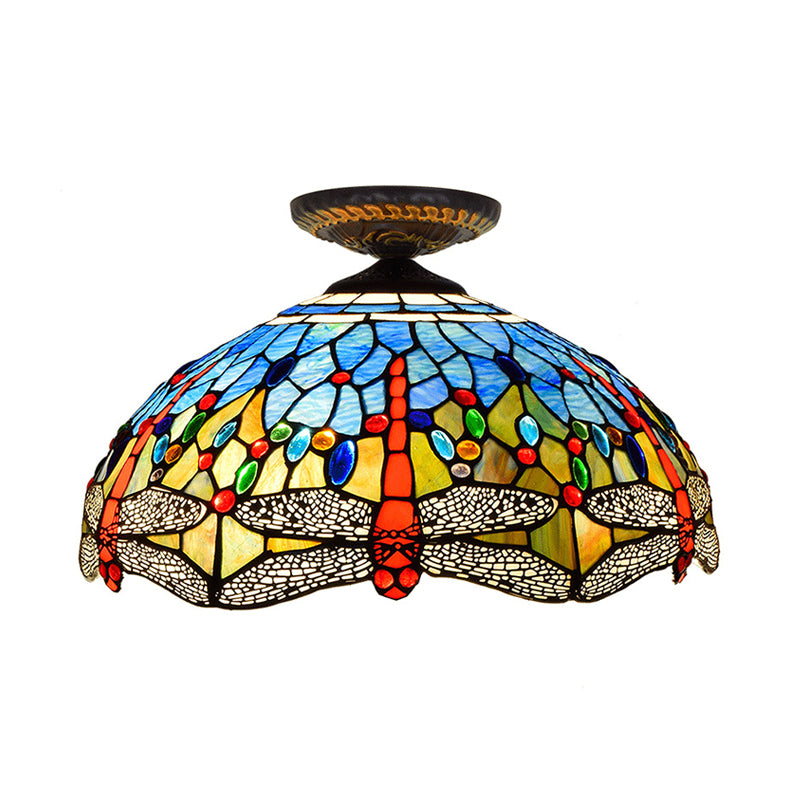 1 Head Porch Ceiling Mounted Fixture Tiffany White/Red Flush Mount Lamp with Dragonfly Stained Glass Shade Clearhalo 'Ceiling Lights' 'Close To Ceiling Lights' 'Close to ceiling' 'Flush mount' Lighting' 297547