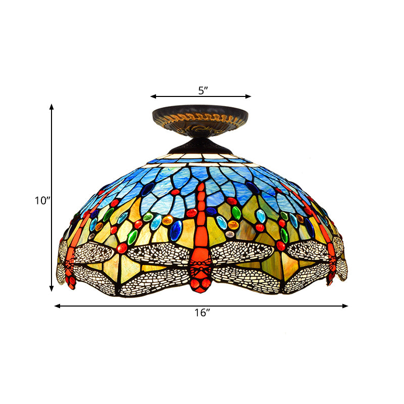 1 Head Porch Ceiling Mounted Fixture Tiffany White/Red Flush Mount Lamp with Dragonfly Stained Glass Shade Clearhalo 'Ceiling Lights' 'Close To Ceiling Lights' 'Close to ceiling' 'Flush mount' Lighting' 297548