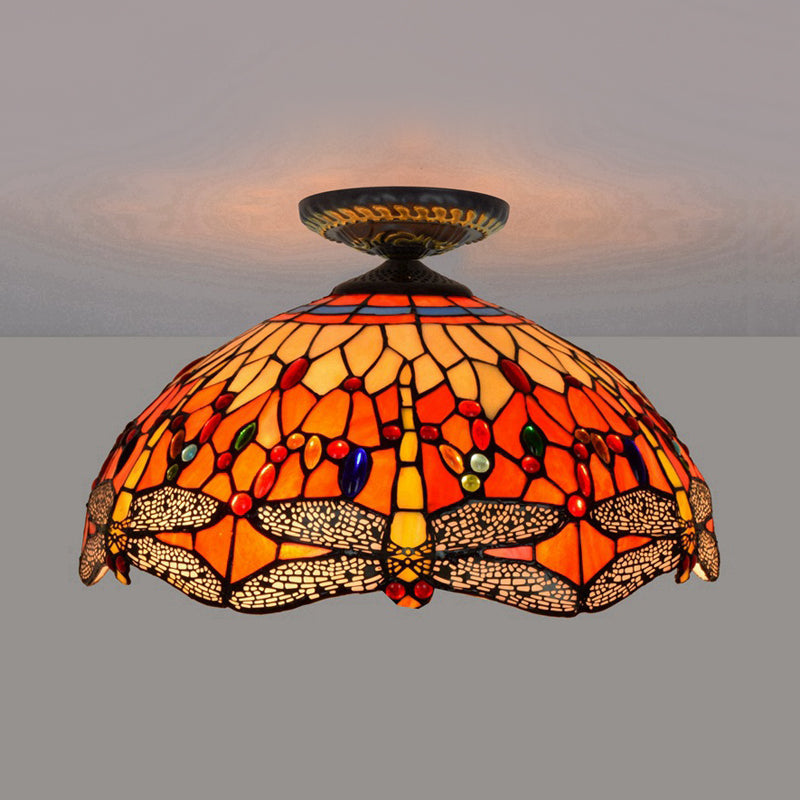 Dragonfly Cut Glass Ceiling Lamp Tiffany-Style 1 Head Brass Flush Mount Light Fixture, 16"/18" Width Clearhalo 'Ceiling Lights' 'Close To Ceiling Lights' 'Close to ceiling' 'Flush mount' Lighting' 297550