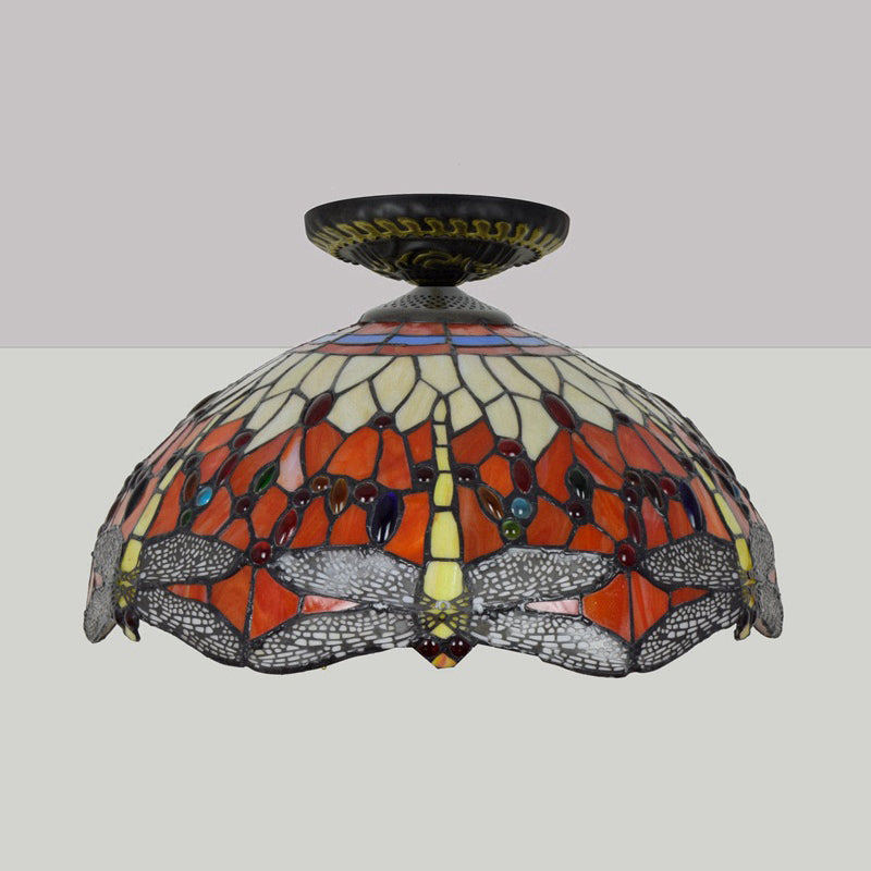 Dragonfly Cut Glass Ceiling Lamp Tiffany-Style 1 Head Brass Flush Mount Light Fixture, 16"/18" Width Clearhalo 'Ceiling Lights' 'Close To Ceiling Lights' 'Close to ceiling' 'Flush mount' Lighting' 297551