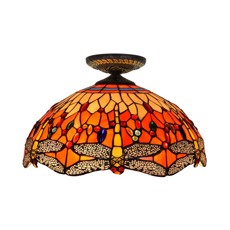 Dragonfly Cut Glass Ceiling Lamp Tiffany-Style 1 Head Brass Flush Mount Light Fixture, 16"/18" Width Clearhalo 'Ceiling Lights' 'Close To Ceiling Lights' 'Close to ceiling' 'Flush mount' Lighting' 297552