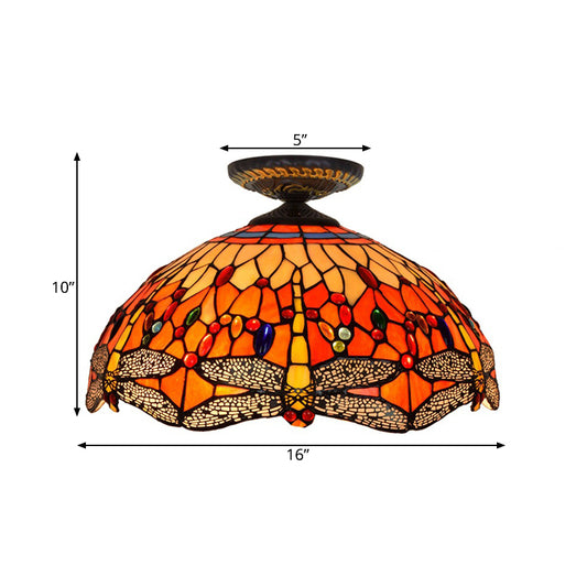 Dragonfly Cut Glass Ceiling Lamp Tiffany-Style 1 Head Brass Flush Mount Light Fixture, 16"/18" Width Clearhalo 'Ceiling Lights' 'Close To Ceiling Lights' 'Close to ceiling' 'Flush mount' Lighting' 297553