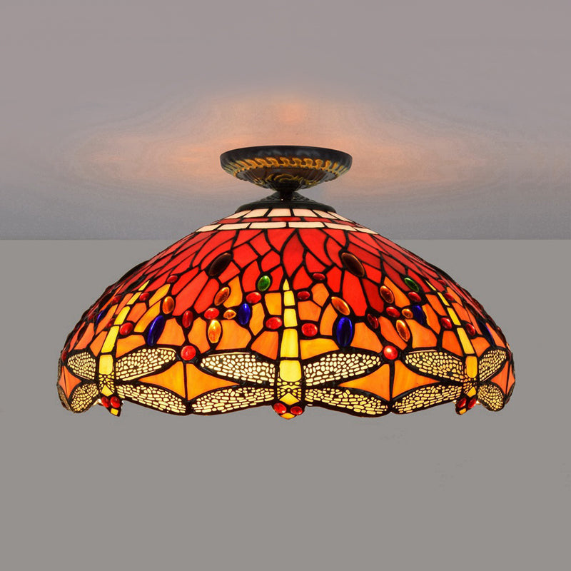 Dragonfly Cut Glass Ceiling Lamp Tiffany-Style 1 Head Brass Flush Mount Light Fixture, 16"/18" Width Brass 18" Clearhalo 'Ceiling Lights' 'Close To Ceiling Lights' 'Close to ceiling' 'Flush mount' Lighting' 297554