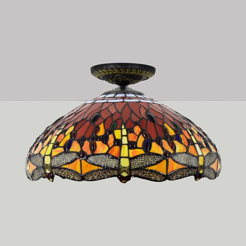 Dragonfly Cut Glass Ceiling Lamp Tiffany-Style 1 Head Brass Flush Mount Light Fixture, 16"/18" Width Clearhalo 'Ceiling Lights' 'Close To Ceiling Lights' 'Close to ceiling' 'Flush mount' Lighting' 297555