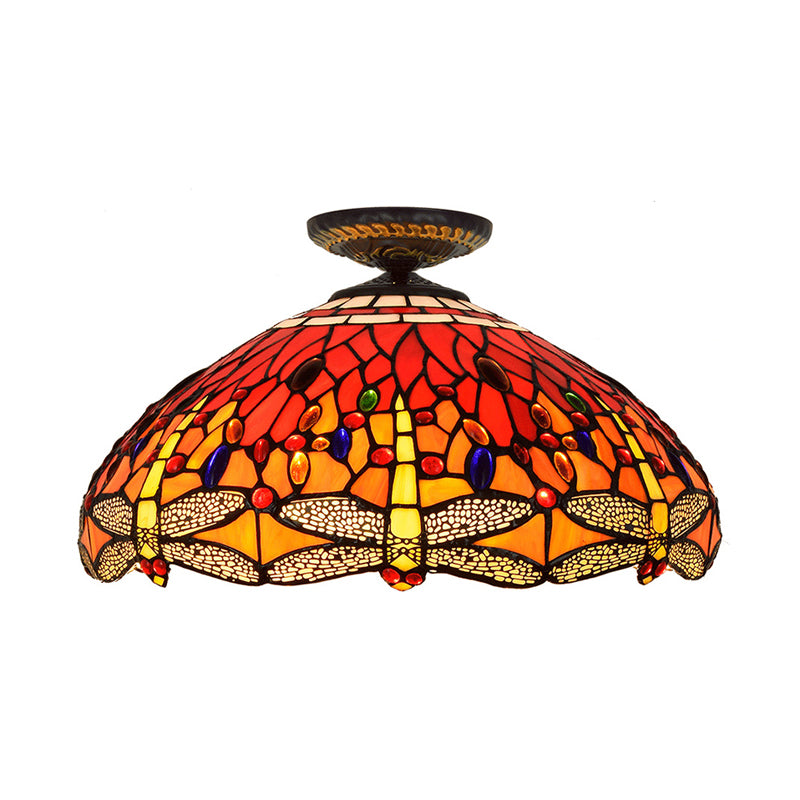 Dragonfly Cut Glass Ceiling Lamp Tiffany-Style 1 Head Brass Flush Mount Light Fixture, 16"/18" Width Clearhalo 'Ceiling Lights' 'Close To Ceiling Lights' 'Close to ceiling' 'Flush mount' Lighting' 297556