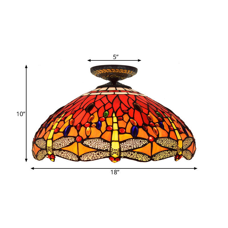 Dragonfly Cut Glass Ceiling Lamp Tiffany-Style 1 Head Brass Flush Mount Light Fixture, 16"/18" Width Clearhalo 'Ceiling Lights' 'Close To Ceiling Lights' 'Close to ceiling' 'Flush mount' Lighting' 297557