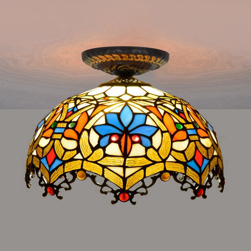 12"/16" W Baroque Scalloped Flush Mount Lighting 1 Bulb Handcrafted Stained Glass Ceiling Lamp in Black Black 12" Clearhalo 'Ceiling Lights' 'Close To Ceiling Lights' 'Close to ceiling' 'Flush mount' Lighting' 297575