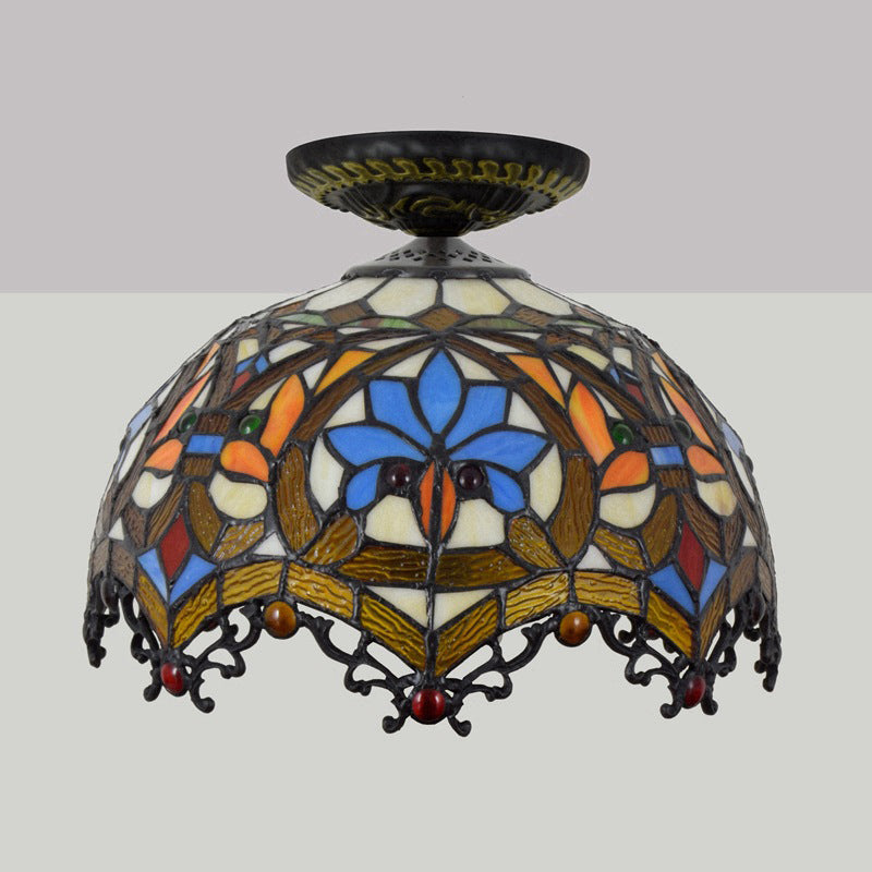 12"/16" W Baroque Scalloped Flush Mount Lighting 1 Bulb Handcrafted Stained Glass Ceiling Lamp in Black Clearhalo 'Ceiling Lights' 'Close To Ceiling Lights' 'Close to ceiling' 'Flush mount' Lighting' 297576