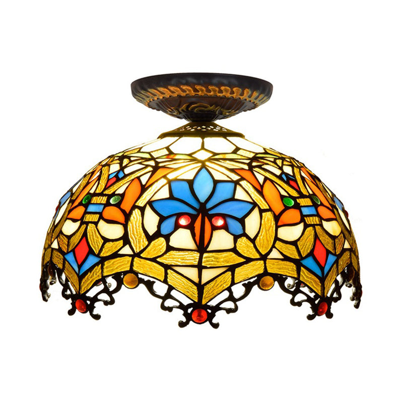 12"/16" W Baroque Scalloped Flush Mount Lighting 1 Bulb Handcrafted Stained Glass Ceiling Lamp in Black Clearhalo 'Ceiling Lights' 'Close To Ceiling Lights' 'Close to ceiling' 'Flush mount' Lighting' 297577