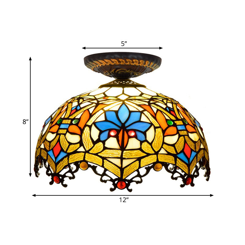 12"/16" W Baroque Scalloped Flush Mount Lighting 1 Bulb Handcrafted Stained Glass Ceiling Lamp in Black Clearhalo 'Ceiling Lights' 'Close To Ceiling Lights' 'Close to ceiling' 'Flush mount' Lighting' 297578